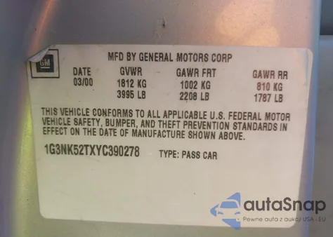 2000 Oldsmobile Alero Gx from USA, damaged, VIN 1G3NK52TXYC390278